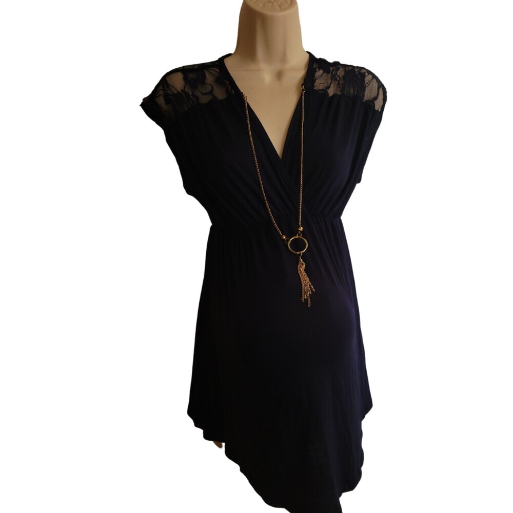 Due Time Maternity Navy Blue Blouse Embellished Neckline Size Medium